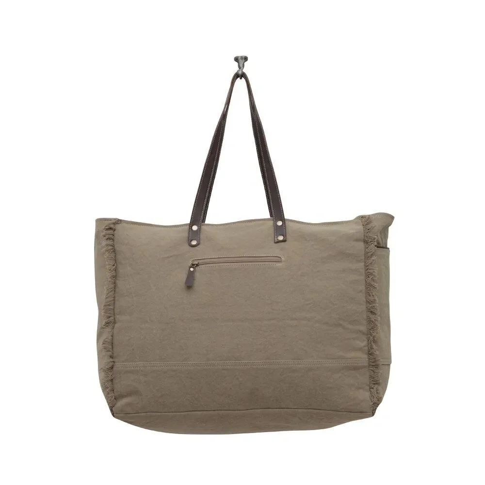 Myra Bag Handmade Parea Weekender Bag Upcycled Canvas & Cowhide Leather